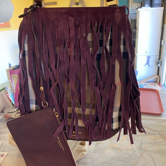 BURBERRY PRORSUM FRINGED BURGUNDY LEATHER AND TARTAN CANVAS Bag - Picture 3 of 7